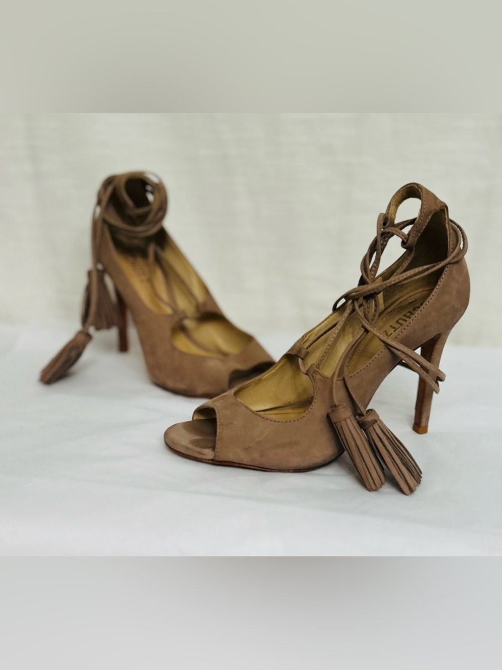 Shutz Neutral Brown Suede Lace-Up Peep Toe Heels‎ with Tassels